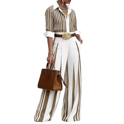✨👗Conjunto feminino casual de camisa listrada e calça de perna larga