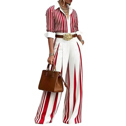 ✨👗Conjunto feminino casual de camisa listrada e calça de perna larga