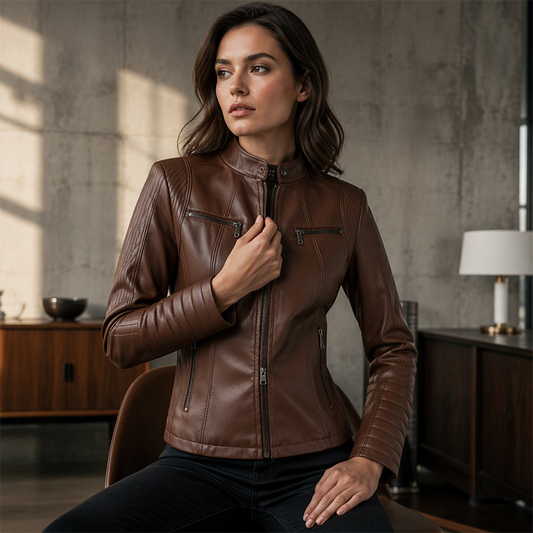 ✨👚Jaqueta de couro sintético slim fit feminina