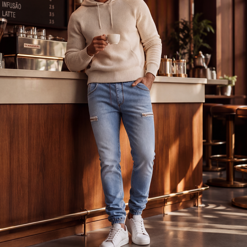 ✨Calças jeans jogger masculinas de corte slim com cintura elástica