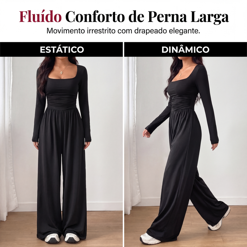 ✨👗Macacão feminino casual de gola quadrada e pernas largas