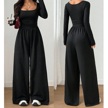 ✨👗Macacão feminino casual de gola quadrada e pernas largas