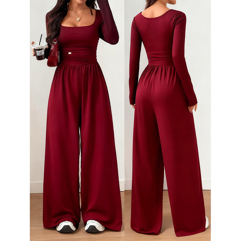 ✨👗Macacão feminino casual de gola quadrada e pernas largas