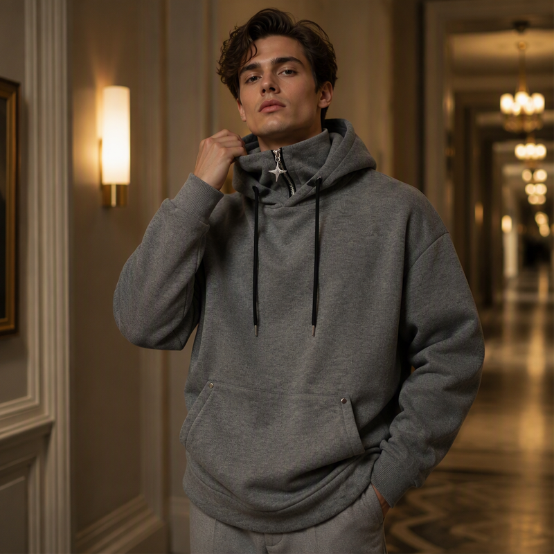 ✨Moletom com capuz masculino de gola alta, corte solto e estilo casual