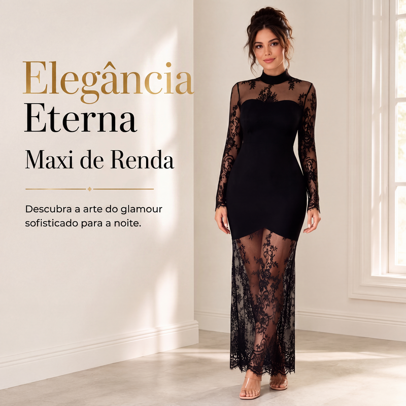 ✨👗Vestido longo manga longa com detalhe em renda para mulher