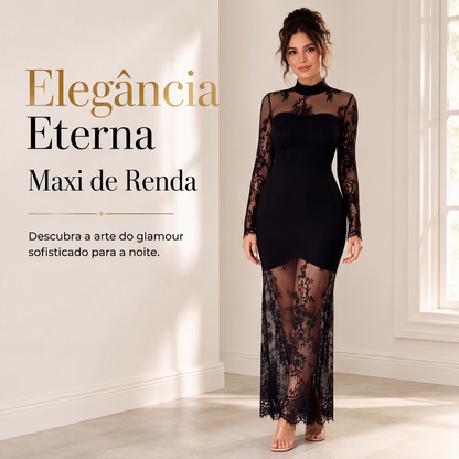✨👗Vestido longo manga longa com detalhe em renda para mulher