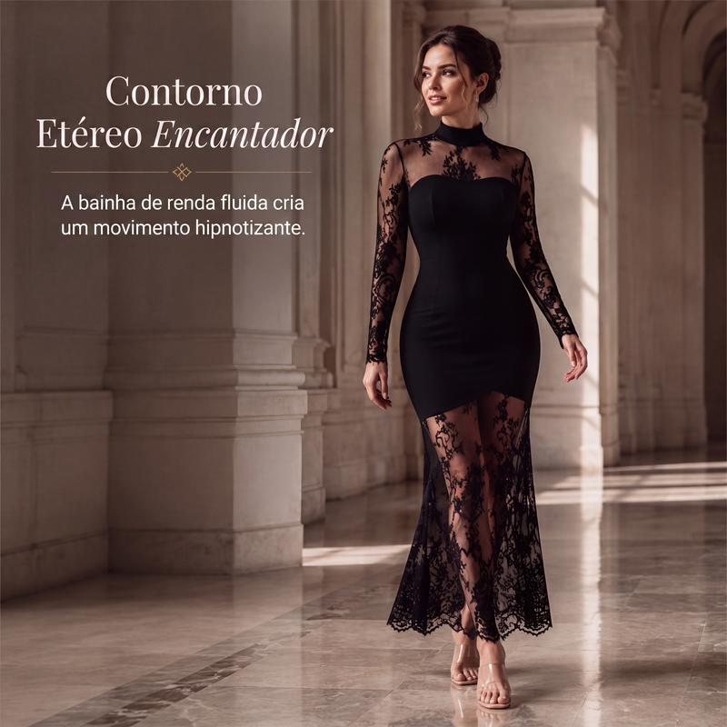 ✨👗Vestido longo manga longa com detalhe em renda para mulher