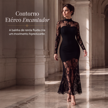✨👗Vestido longo manga longa com detalhe em renda para mulher