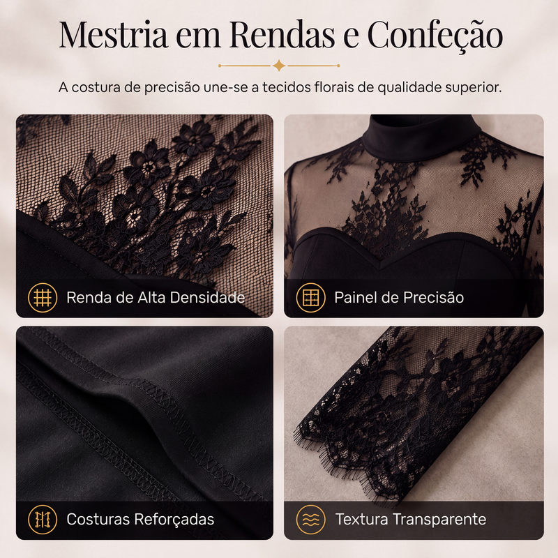 ✨👗Vestido longo manga longa com detalhe em renda para mulher