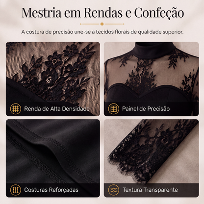 ✨👗Vestido longo manga longa com detalhe em renda para mulher