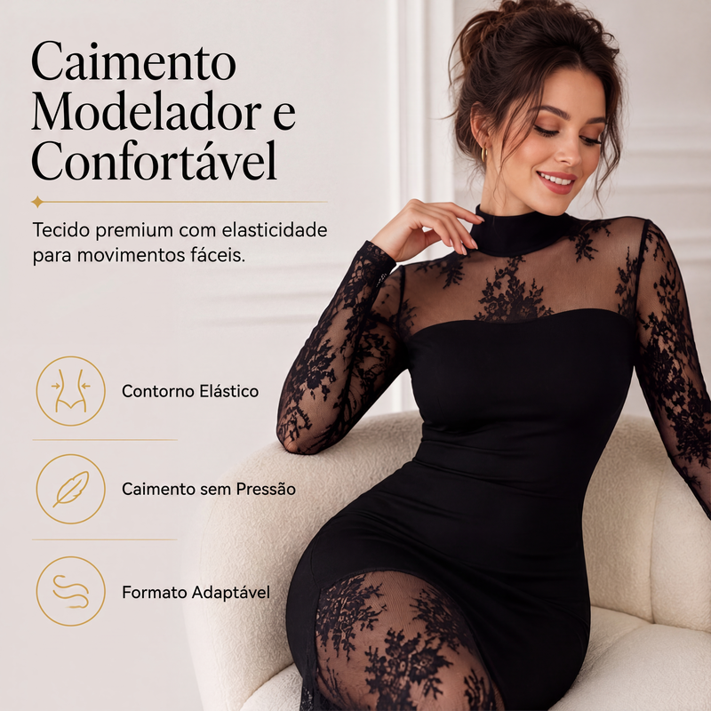 ✨👗Vestido longo manga longa com detalhe em renda para mulher