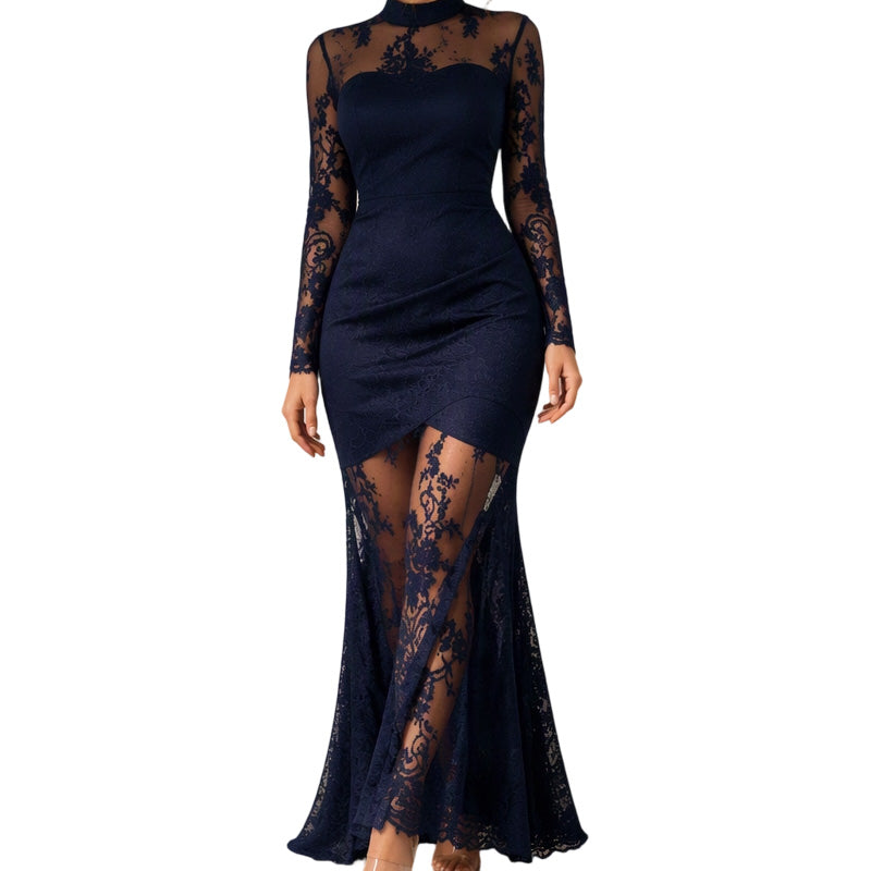 ✨👗Vestido longo manga longa com detalhe em renda para mulher