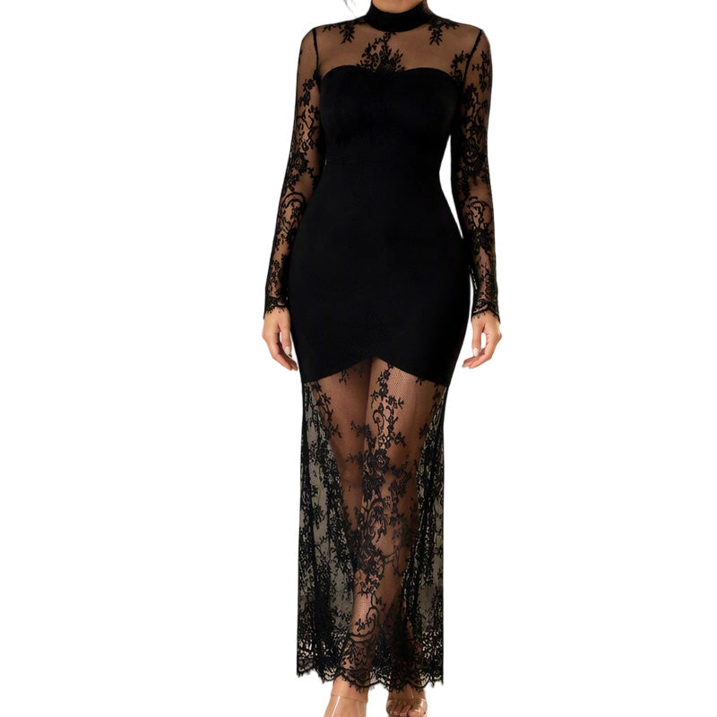 ✨👗Vestido longo manga longa com detalhe em renda para mulher