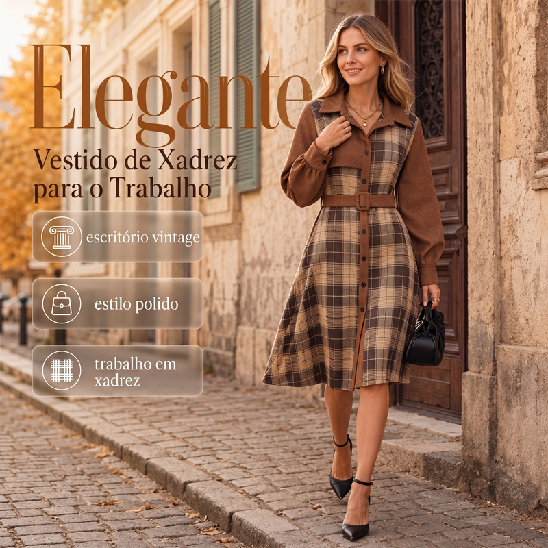 ✨👗Vestido feminino de xadrez retrô com botões