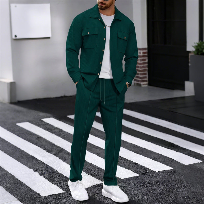 ✨Conjunto masculino de jaqueta com botões e calças em textura waffle