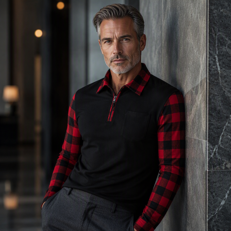 Camisa casual masculina de manga comprida com meio zíper
