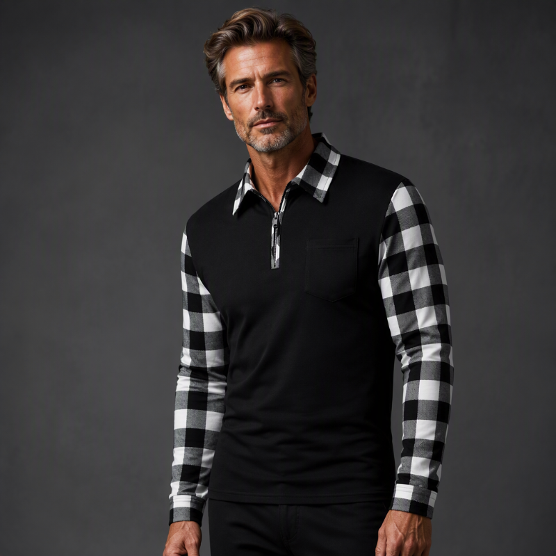 Camisa casual masculina de manga comprida com meio zíper