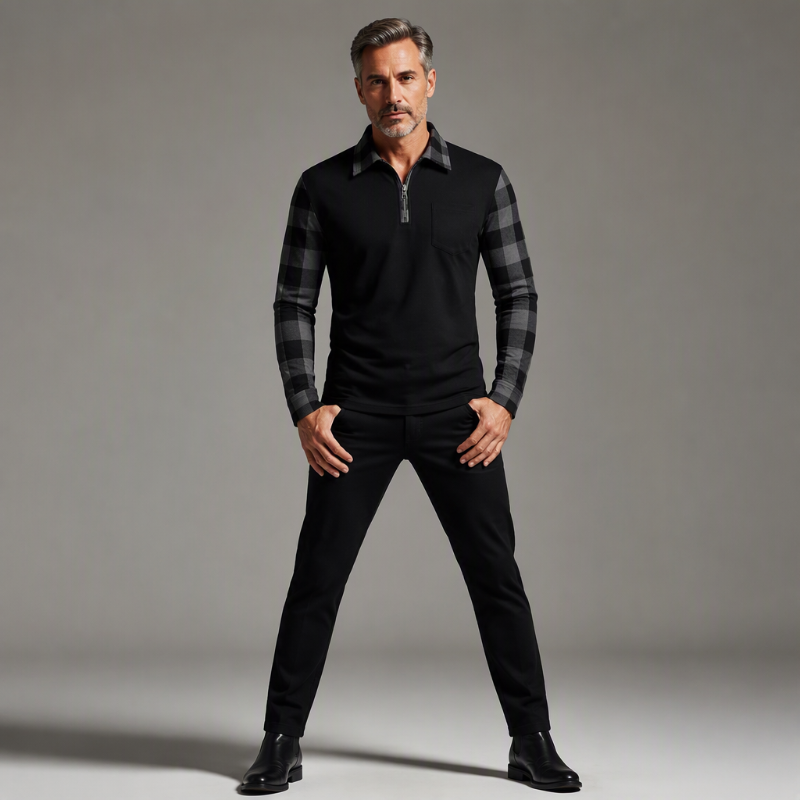 Camisa casual masculina de manga comprida com meio zíper
