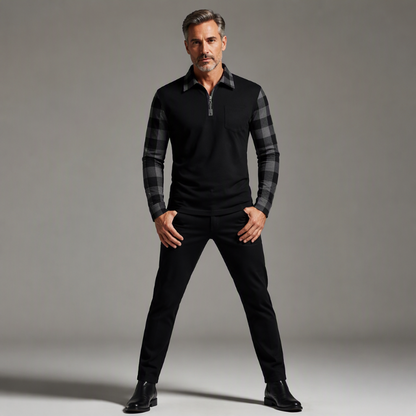 Camisa casual masculina de manga comprida com meio zíper