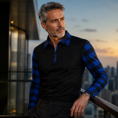 Camisa casual masculina de manga comprida com meio zíper