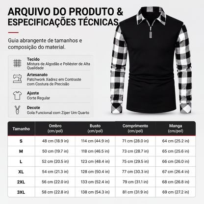 Camisa casual masculina de manga comprida com meio zíper