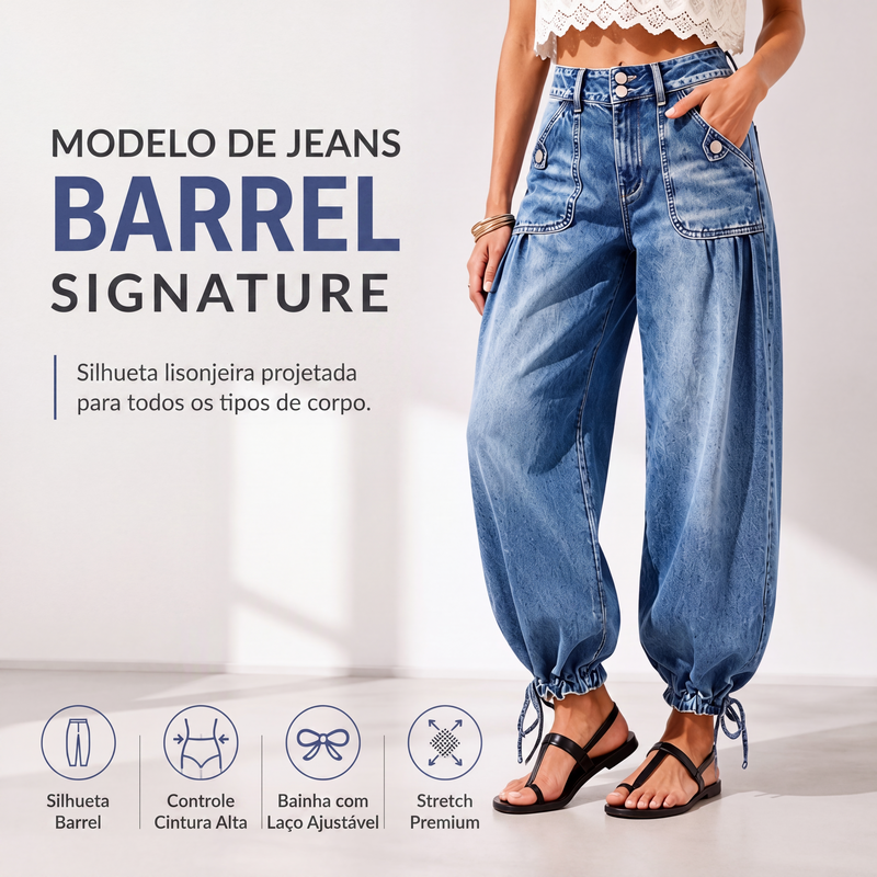 Calças jeans barrel femininas de cintura alta e elásticas