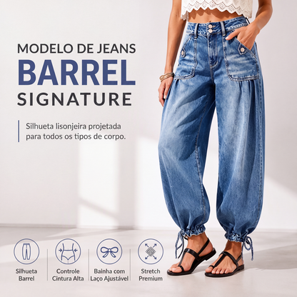 Calças jeans barrel femininas de cintura alta e elásticas