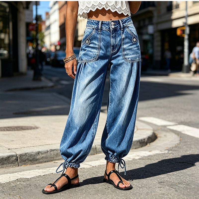 Calças jeans barrel femininas de cintura alta e elásticas