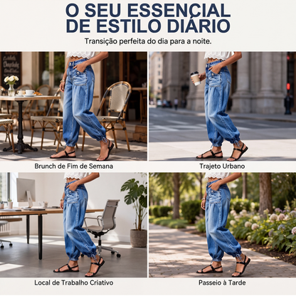 Calças jeans barrel femininas de cintura alta e elásticas