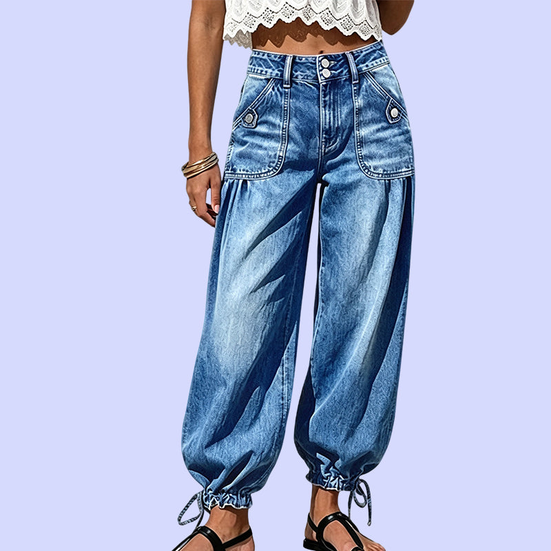 Calças jeans barrel femininas de cintura alta e elásticas