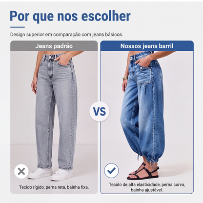 Calças jeans barrel femininas de cintura alta e elásticas