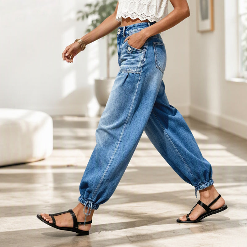 Calças jeans barrel femininas de cintura alta e elásticas