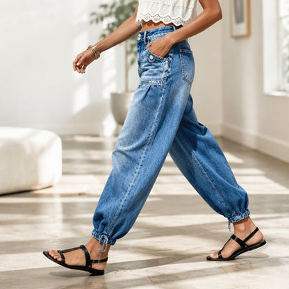 Calças jeans barrel femininas de cintura alta e elásticas