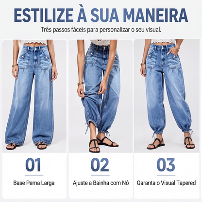 Calças jeans barrel femininas de cintura alta e elásticas