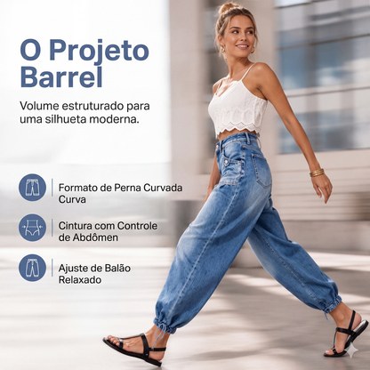 Calças jeans barrel femininas de cintura alta e elásticas