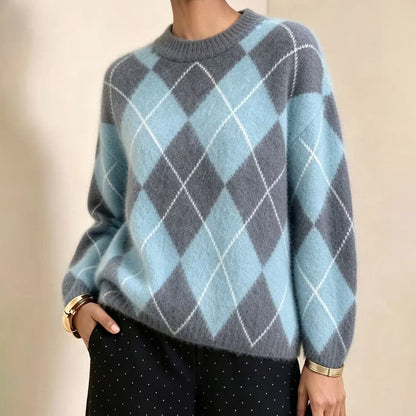 ⏰ Último Dia de Promoção – 50% DE DESCONTO ✨Suéter de Tricô Confortável Feminino com Padrão Retro Argyle
