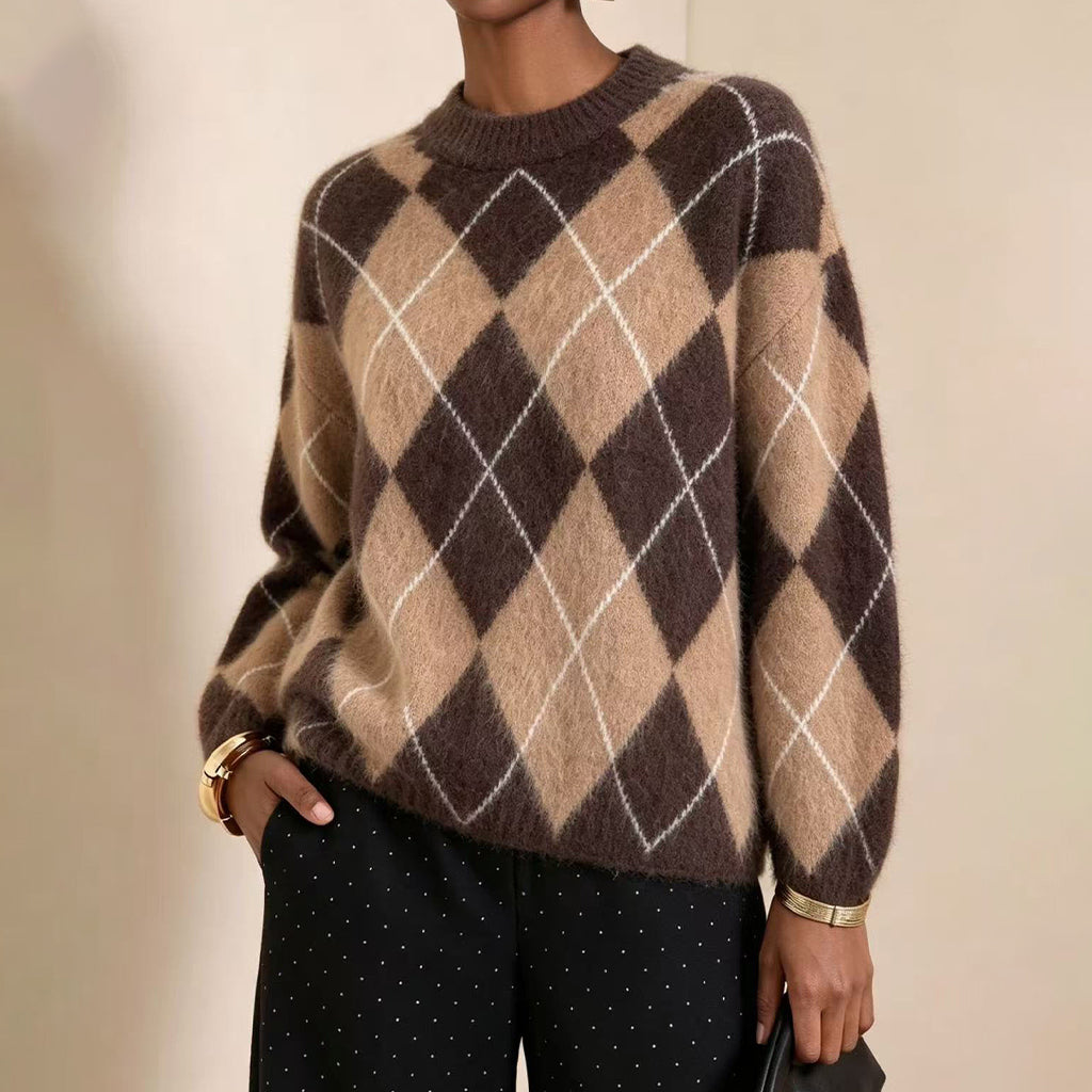 ⏰ Último Dia de Promoção – 50% DE DESCONTO ✨Suéter de Tricô Confortável Feminino com Padrão Retro Argyle