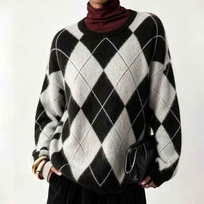 ⏰ Último Dia de Promoção – 50% DE DESCONTO ✨Suéter de Tricô Confortável Feminino com Padrão Retro Argyle