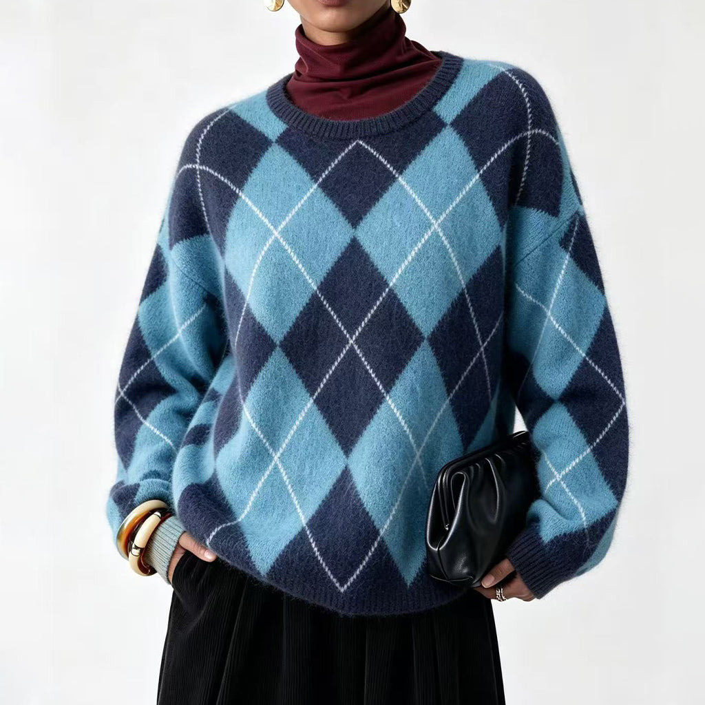 ⏰ Último Dia de Promoção – 50% DE DESCONTO ✨Suéter de Tricô Confortável Feminino com Padrão Retro Argyle