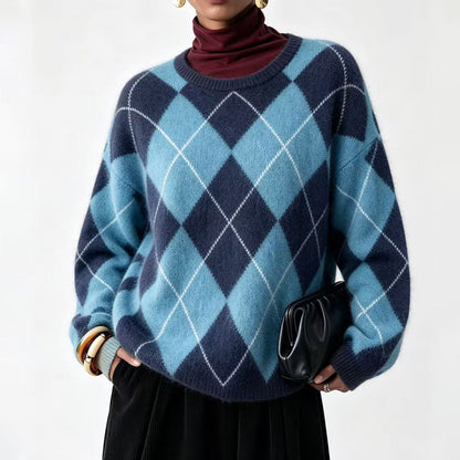 ⏰ Último Dia de Promoção – 50% DE DESCONTO ✨Suéter de Tricô Confortável Feminino com Padrão Retro Argyle