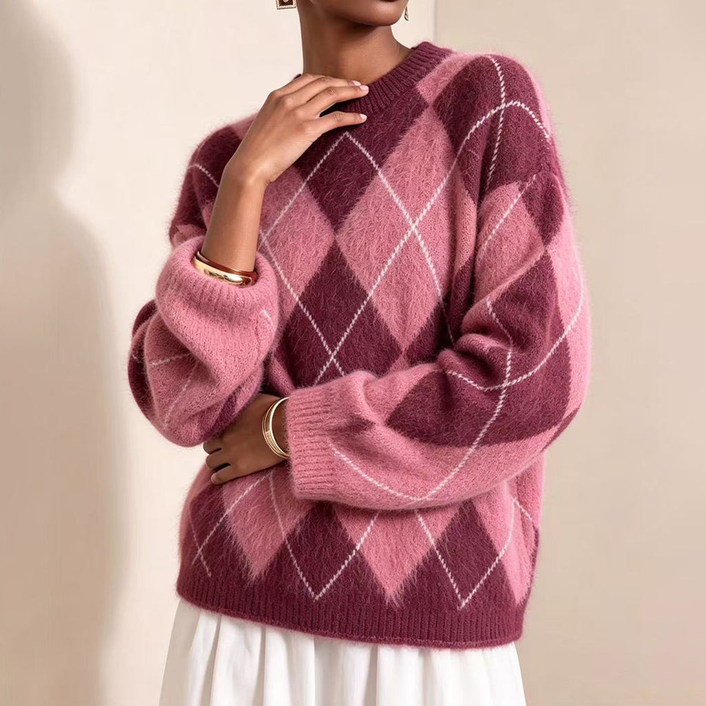 ⏰ Último Dia de Promoção – 50% DE DESCONTO ✨Suéter de Tricô Confortável Feminino com Padrão Retro Argyle