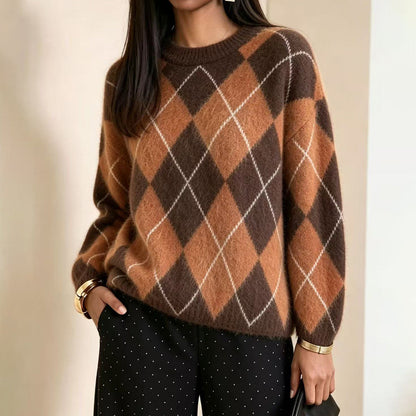 ⏰ Último Dia de Promoção – 50% DE DESCONTO ✨Suéter de Tricô Confortável Feminino com Padrão Retro Argyle