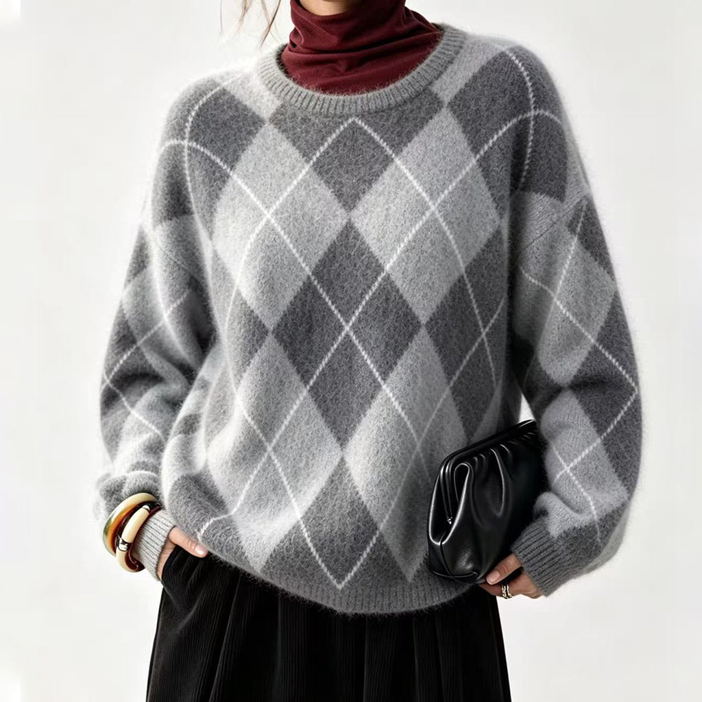 ⏰ Último Dia de Promoção – 50% DE DESCONTO ✨Suéter de Tricô Confortável Feminino com Padrão Retro Argyle