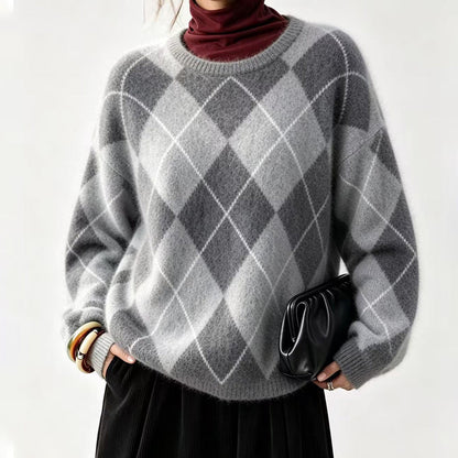 ⏰ Último Dia de Promoção – 50% DE DESCONTO ✨Suéter de Tricô Confortável Feminino com Padrão Retro Argyle