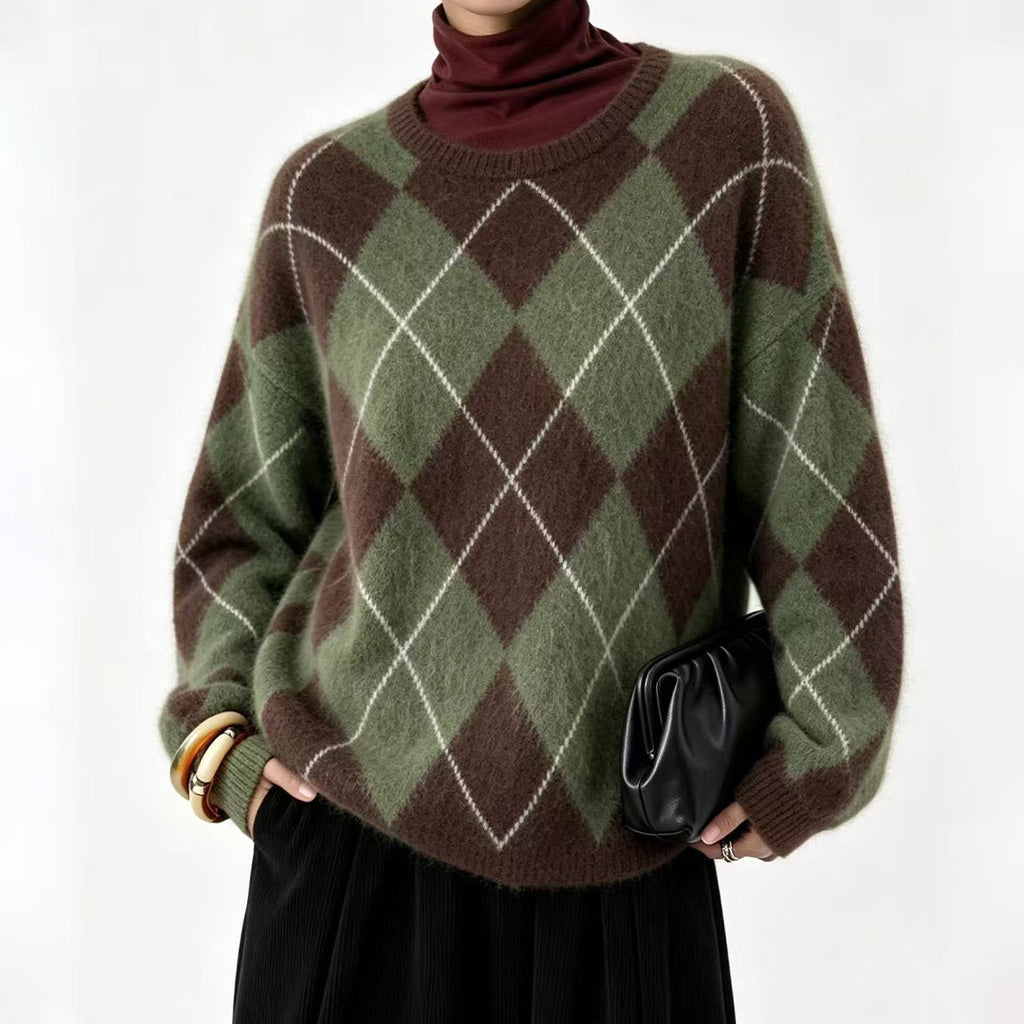 ⏰ Último Dia de Promoção – 50% DE DESCONTO ✨Suéter de Tricô Confortável Feminino com Padrão Retro Argyle