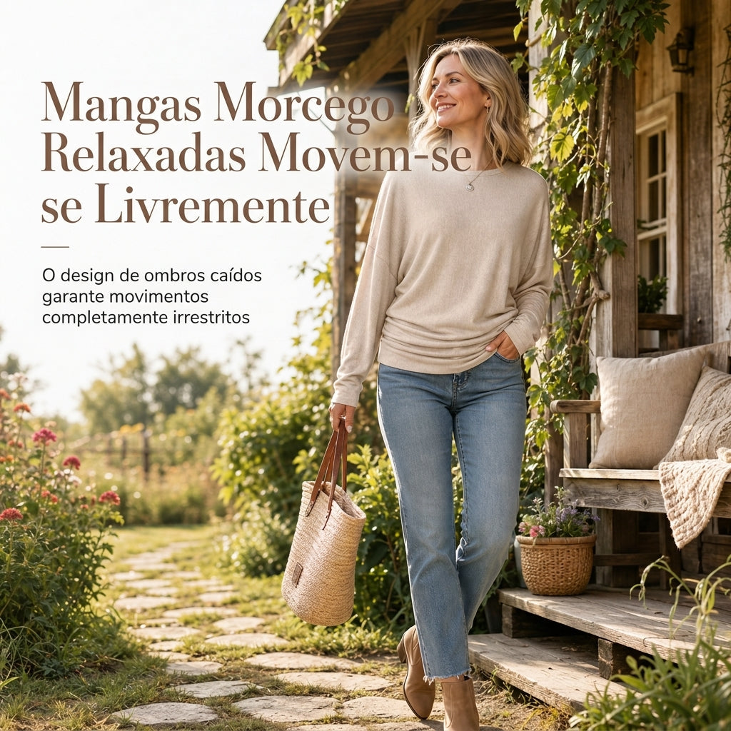 Suéter de tricô feminino casual e solto, com gola redonda, mangas compridas, ombros caídos, estilo morcego e design com rugas laterais