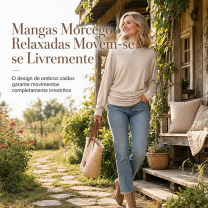 Suéter de tricô feminino casual e solto, com gola redonda, mangas compridas, ombros caídos, estilo morcego e design com rugas laterais