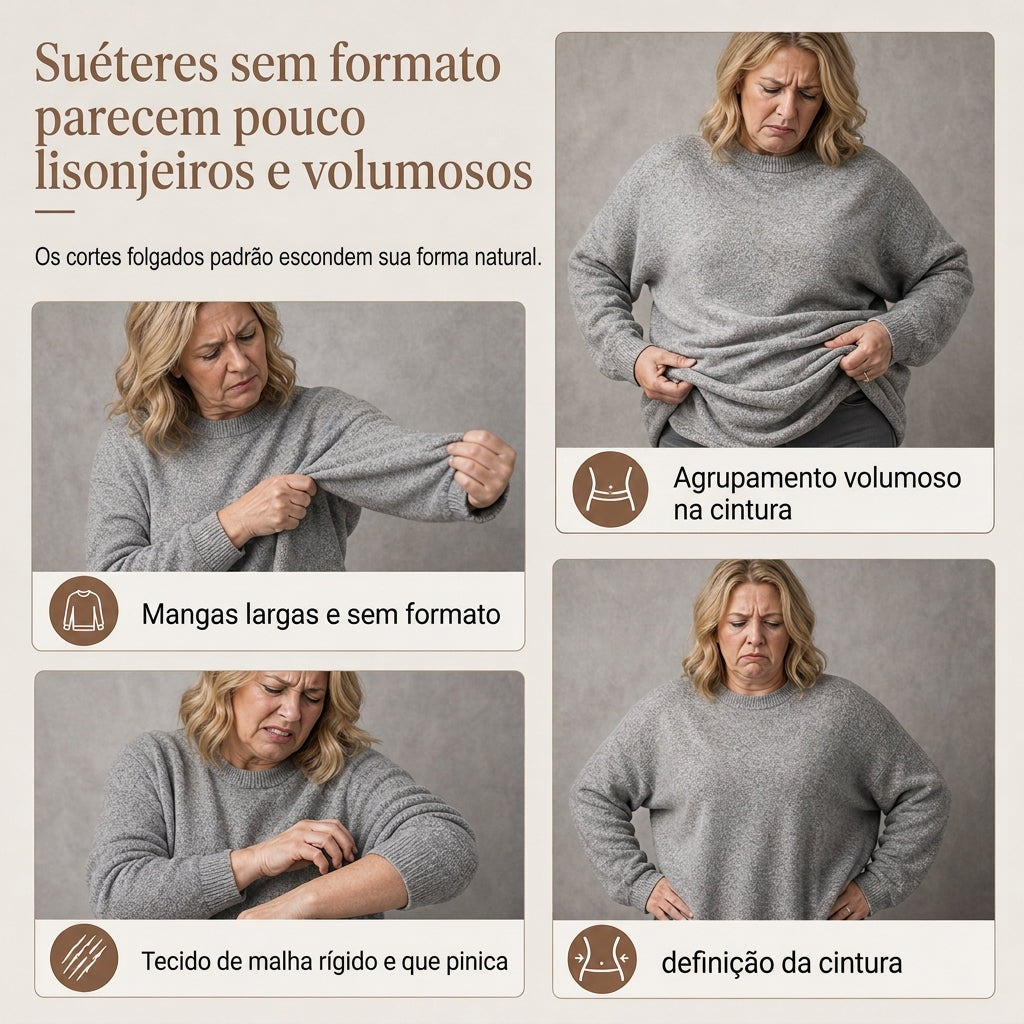 Suéter de tricô feminino casual e solto, com gola redonda, mangas compridas, ombros caídos, estilo morcego e design com rugas laterais
