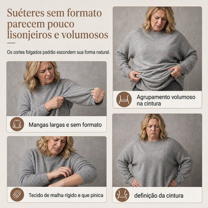 Suéter de tricô feminino casual e solto, com gola redonda, mangas compridas, ombros caídos, estilo morcego e design com rugas laterais