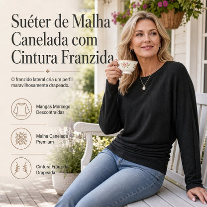 Suéter de tricô feminino casual e solto, com gola redonda, mangas compridas, ombros caídos, estilo morcego e design com rugas laterais